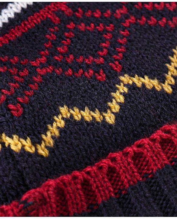 Babyhug Woollen Knit Cap With Pom Pom Navy Blue & Red  - Diameter 12 cm