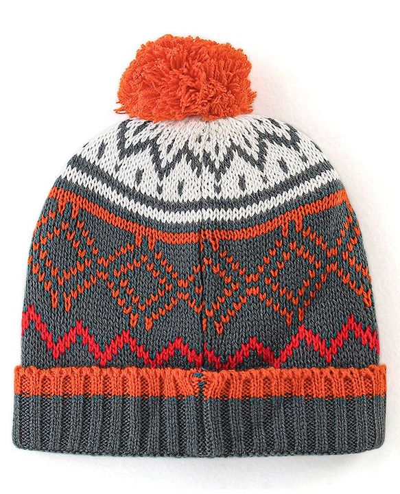 Babyhug Woollen Knit Cap With Pom Pom Grey  & Orange  - Diameter 12 cm