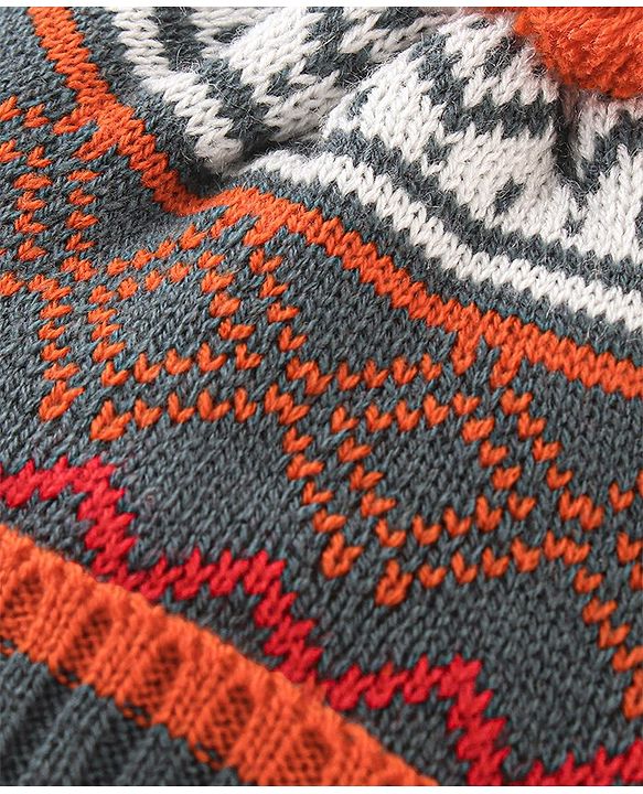 Babyhug Woollen Knit Cap With Pom Pom Grey  & Orange  - Diameter 12 cm