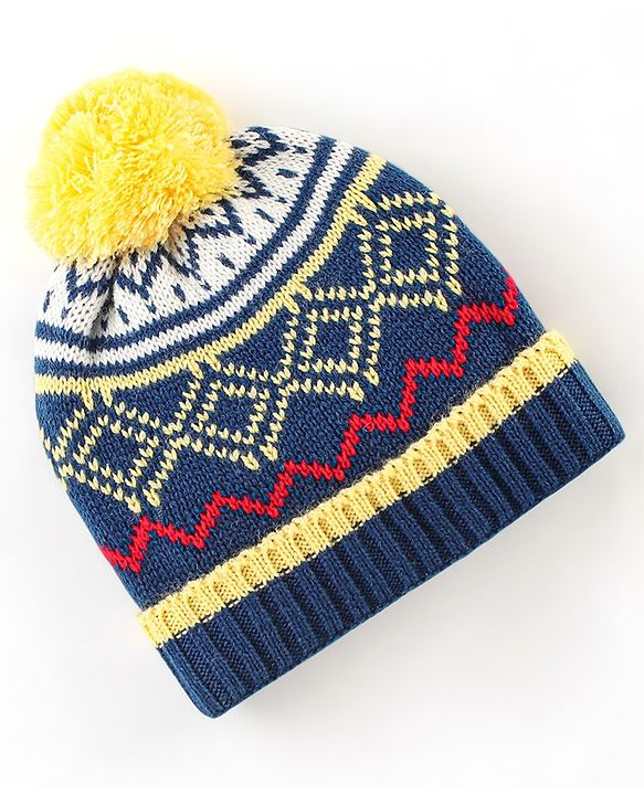 Babyhug Woollen Knit Cap With Pom Pom Navy Blue  & Yellow  - Diameter 12 cm