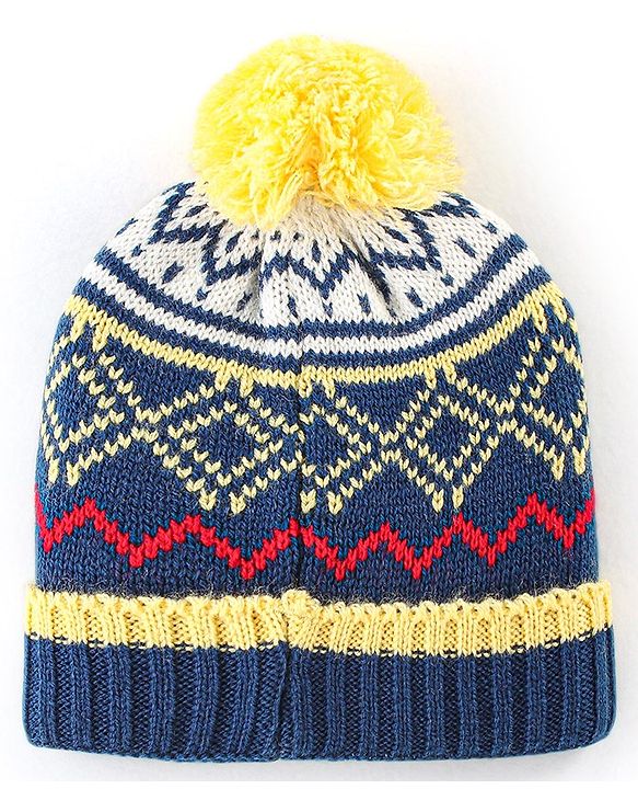 Babyhug Woollen Knit Cap With Pom Pom Navy Blue  & Yellow  - Diameter 12 cm