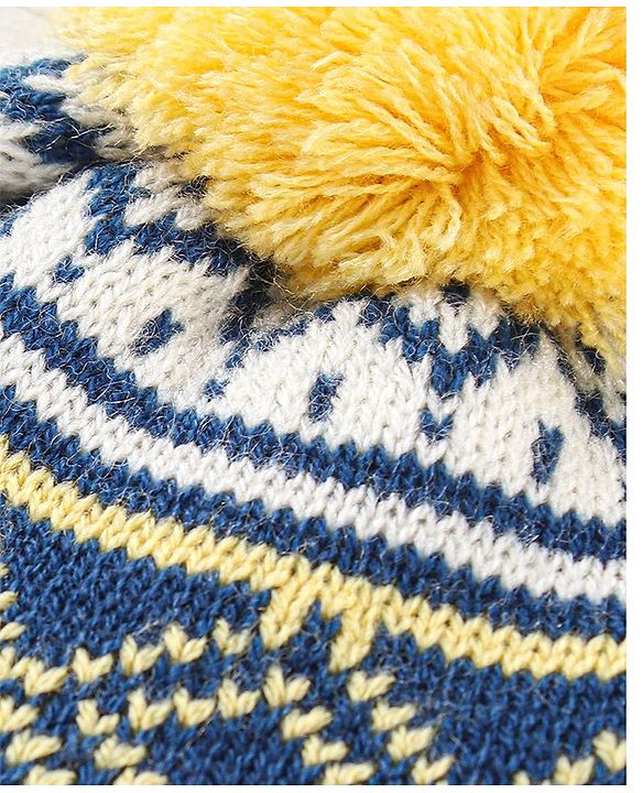 Babyhug Woollen Knit Cap With Pom Pom Navy Blue  & Yellow  - Diameter 12 cm