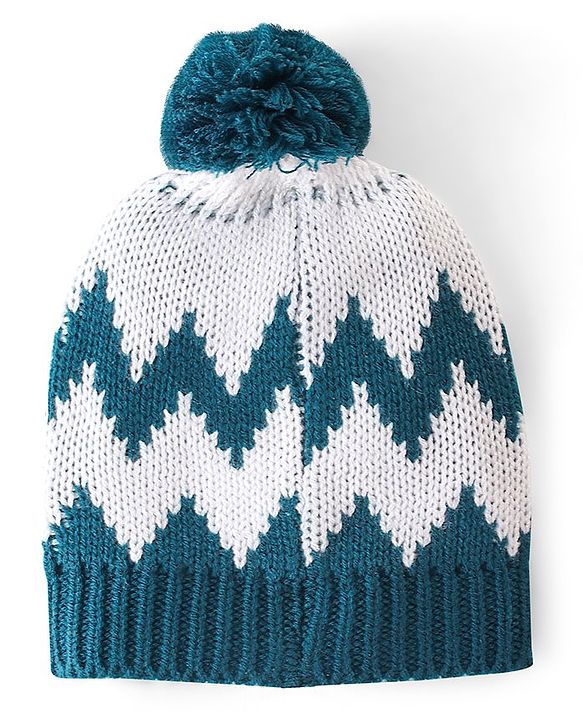 Babyhug Pom Pom Woollen Cap White & Blue - Diameter 9.5 cm