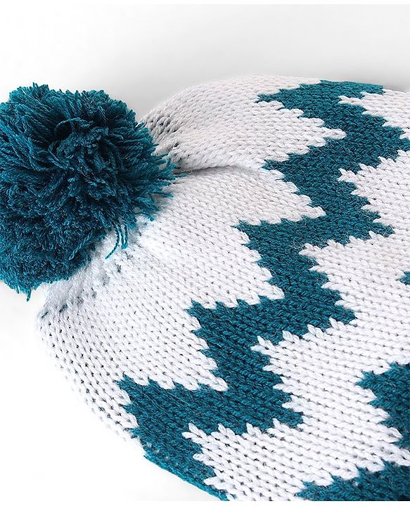 Babyhug Pom Pom Woollen Cap White & Blue - Diameter 9.5 cm