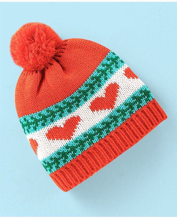 Babyhug Heart Printed Woollen Cap with Pom Pom - Orange