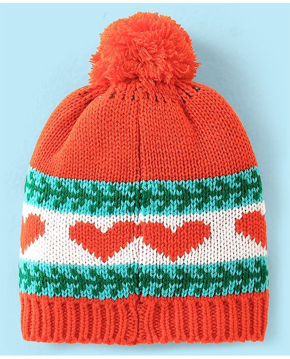 Babyhug Heart Printed Woollen Cap with Pom Pom - Orange