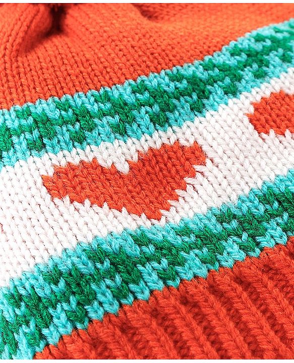 Babyhug Heart Printed Woollen Cap with Pom Pom - Orange