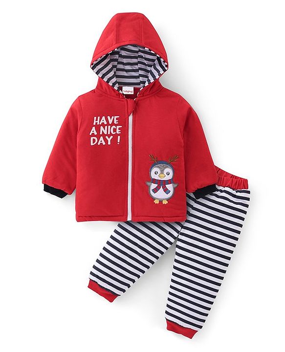 Babyhug Cotton Knit Full Sleeves Hooded Sweatshirt & Joggers Set With Penguin Embroidery - Red