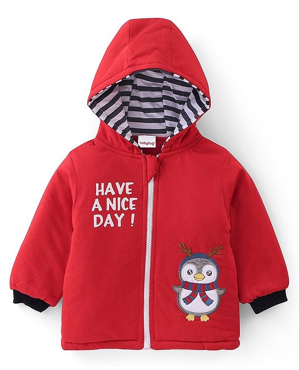 Babyhug Cotton Knit Full Sleeves Hooded Sweatshirt & Joggers Set With Penguin Embroidery - Red