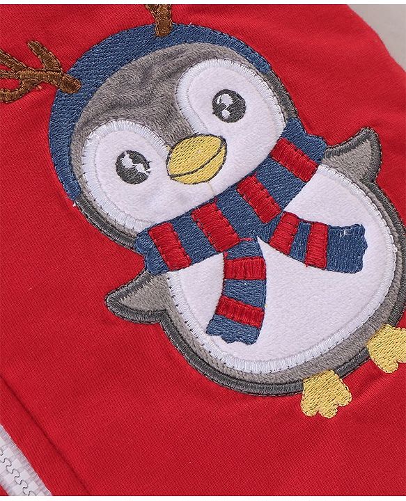 Babyhug Cotton Knit Full Sleeves Hooded Sweatshirt & Joggers Set With Penguin Embroidery - Red