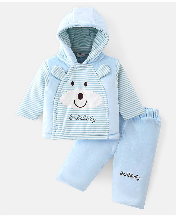 Babyhug Hooded Full Sleeves Winter Wear Set Striped - Blue