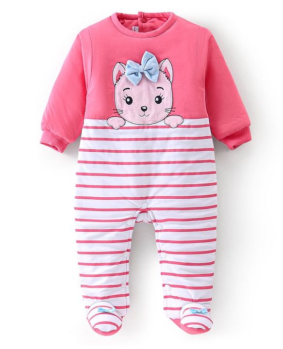 Babyhug Cotton Knit Full Sleeves Footed Winterwear Romper with Kitty Patch & Striped - Pink