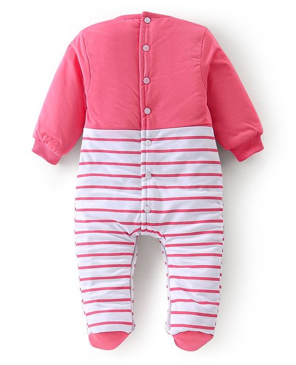 Babyhug Cotton Knit Full Sleeves Footed Winterwear Romper with Kitty Patch & Striped - Pink