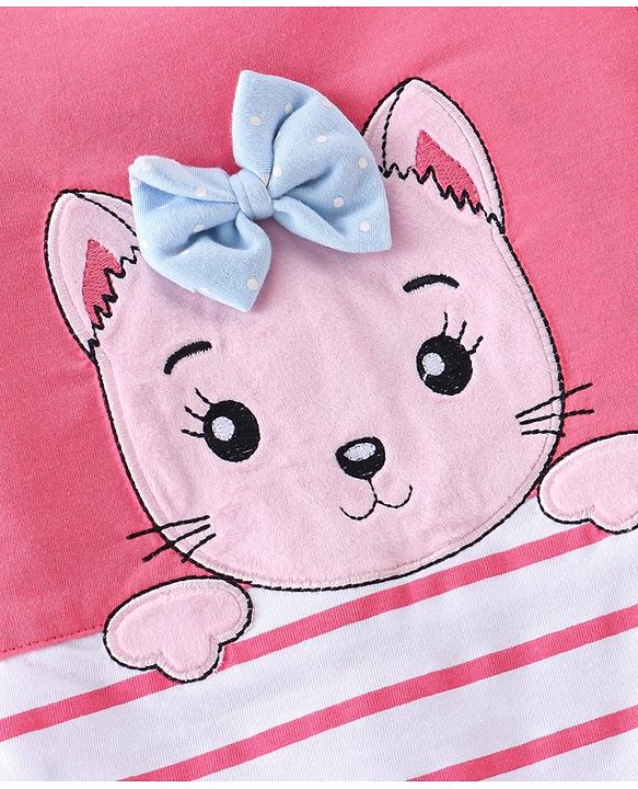 Babyhug Cotton Knit Full Sleeves Footed Winterwear Romper with Kitty Patch & Striped - Pink