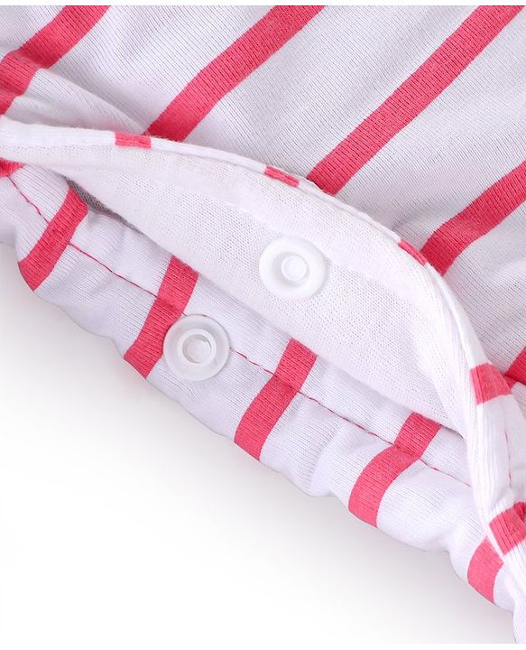 Babyhug Cotton Knit Full Sleeves Footed Winterwear Romper with Kitty Patch & Striped - Pink