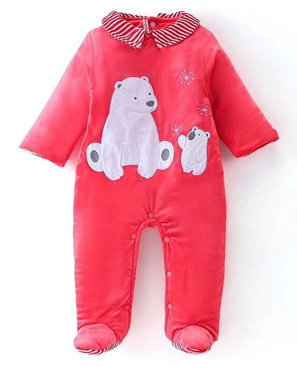 Babyhug Cotton Knit Full Sleeves Winter Wear Romper With Polar Bear Embroidery - Red