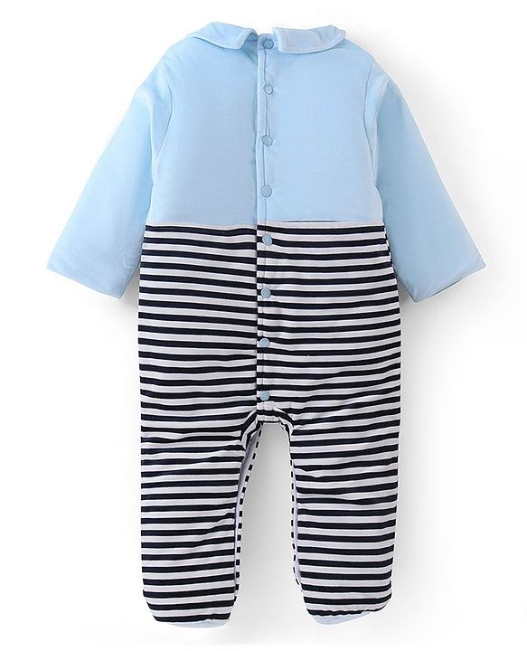 Babyhug 100% Cotton Full Sleeves Winter Wear Romper With Penguin Applique - Blue