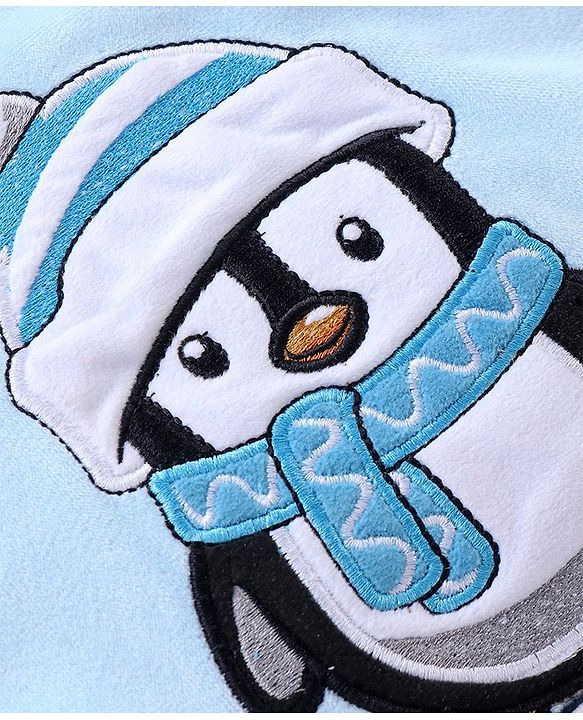 Babyhug 100% Cotton Full Sleeves Winter Wear Romper With Penguin Applique - Blue