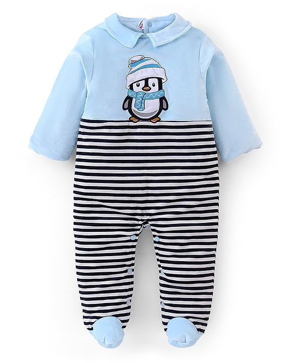 Babyhug 100% Cotton Full Sleeves Winter Wear Romper With Penguin Applique - Blue