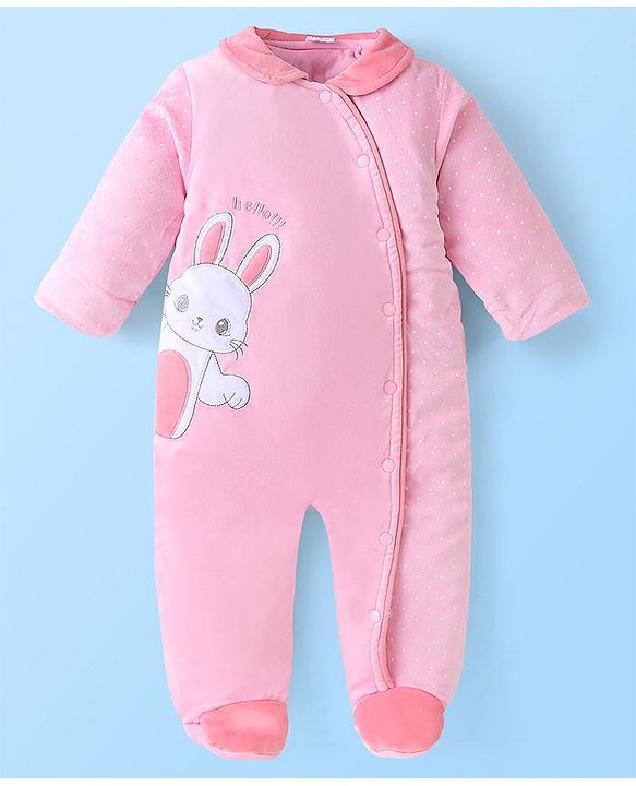 Babyhug Knitted Full Sleeves Winter Wear Romper with Bunny Applique - Pink