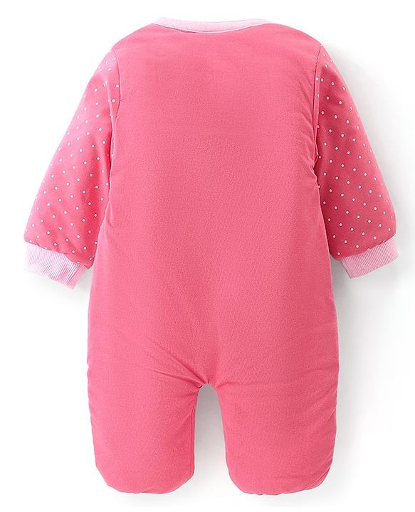Babyhug Cotton Knit Winter Wear Full Sleeves Romper with Kitty Patch & Polka Dots Printed - Pink