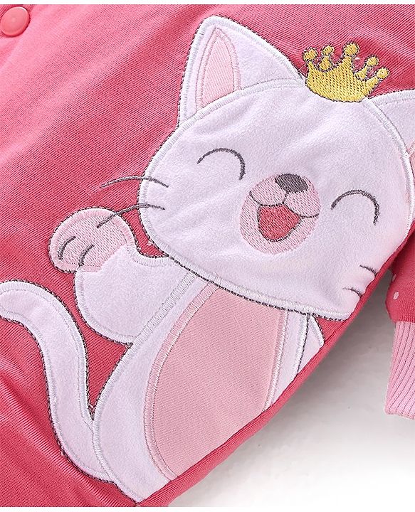 Babyhug Cotton Knit Winter Wear Full Sleeves Romper with Kitty Patch & Polka Dots Printed - Pink