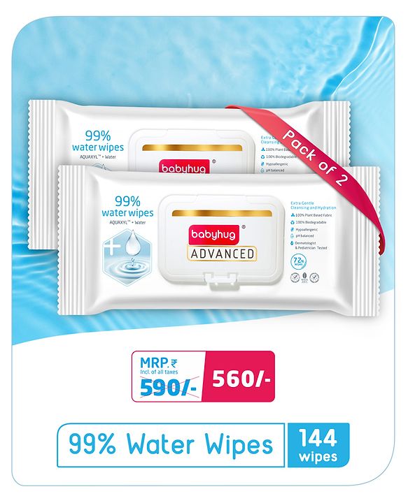 Babyhug Advanced 99% Pure Water Unscented Baby Wipes - 72 Pieces