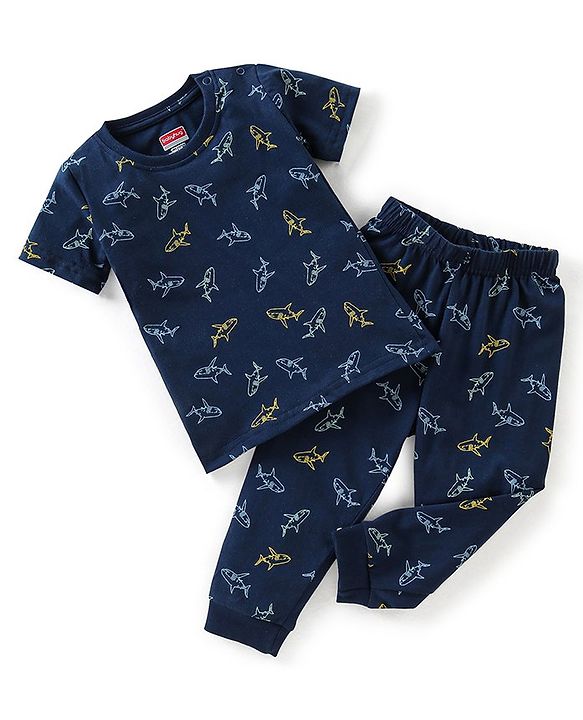 Babyhug Cotton Half Sleeves Night Suit Shark Print- Navy Blue