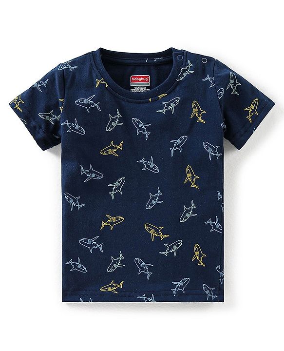 Babyhug Cotton Half Sleeves Night Suit Shark Print- Navy Blue