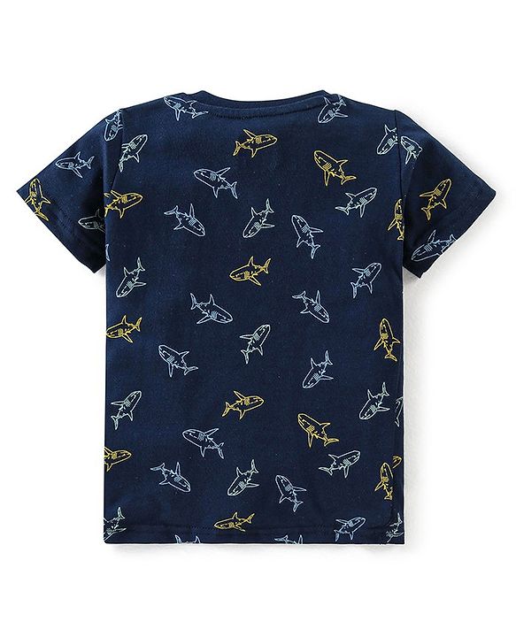 Babyhug Cotton Half Sleeves Night Suit Shark Print- Navy Blue