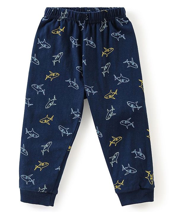 Babyhug Cotton Half Sleeves Night Suit Shark Print- Navy Blue