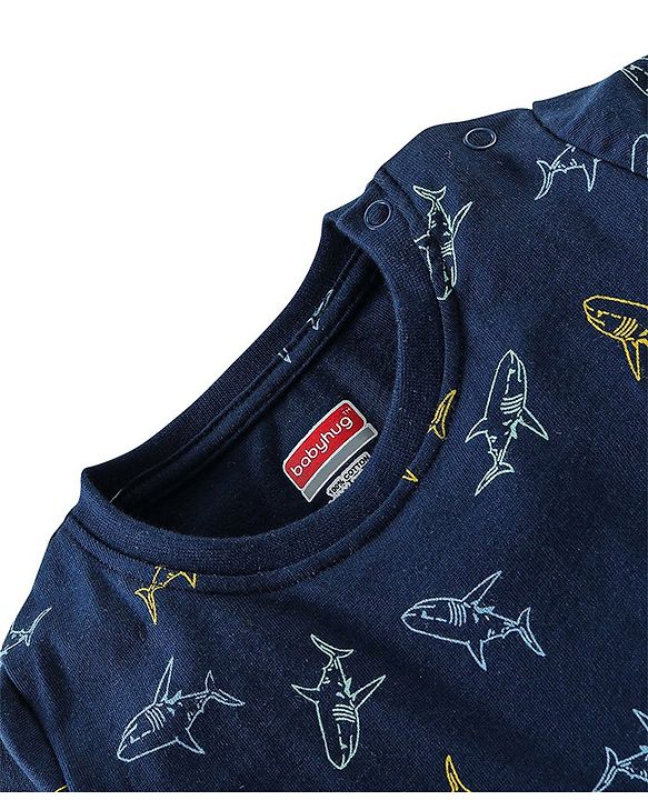 Babyhug Cotton Half Sleeves Night Suit Shark Print- Navy Blue