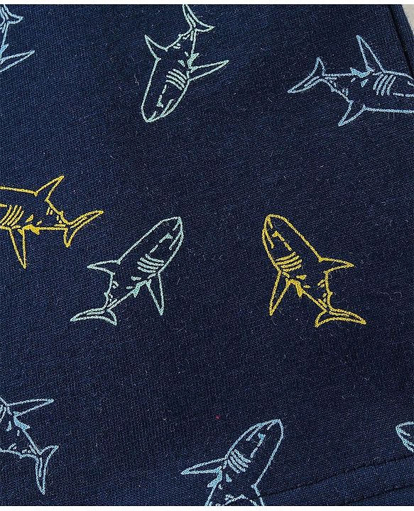 Babyhug Cotton Half Sleeves Night Suit Shark Print- Navy Blue