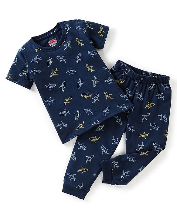 Babyhug Cotton Half Sleeves Night Suit Shark Print- Navy Blue