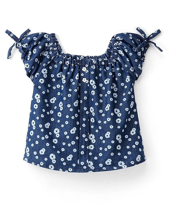Babyhug Denim Cotton Blend Half Sleeves Top with Bow Detailing Floral Print - Navy