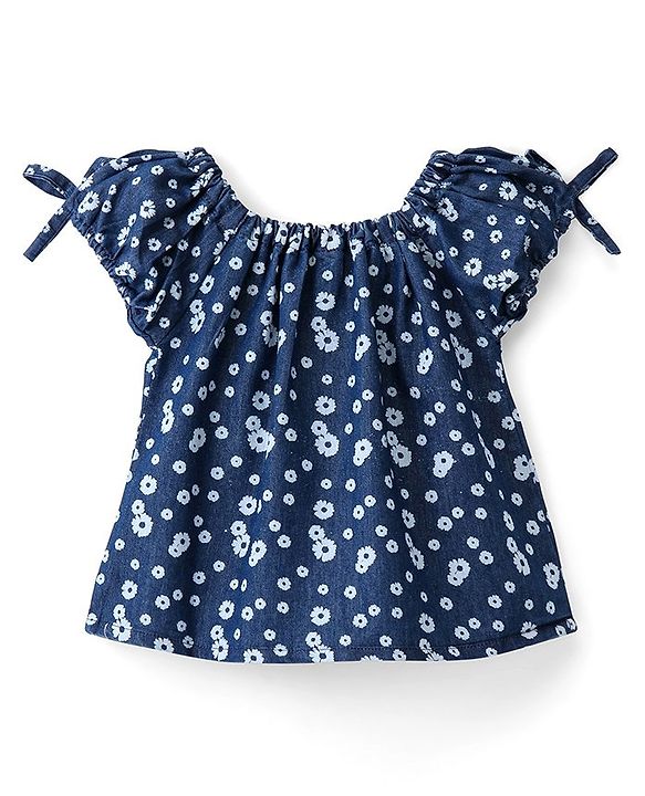 Babyhug Denim Cotton Blend Half Sleeves Top with Bow Detailing Floral Print - Navy