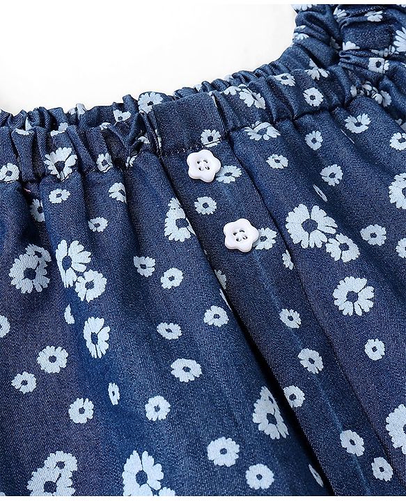 Babyhug Denim Cotton Blend Half Sleeves Top with Bow Detailing Floral Print - Navy