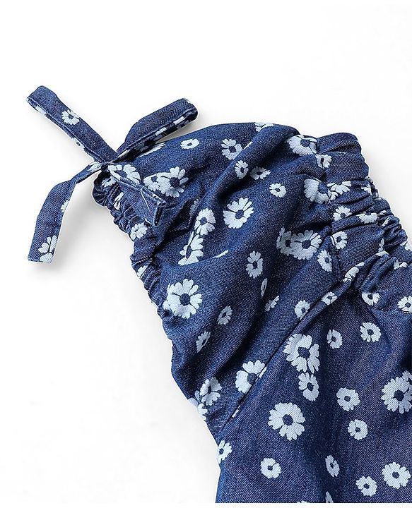 Babyhug Denim Cotton Blend Half Sleeves Top with Bow Detailing Floral Print - Navy