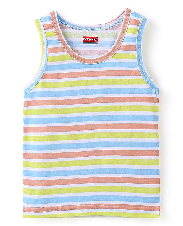 Babyhug 100% Cotton Knit Sleeveless Striped Sandos Whales Print Pack of 3 - Multicolour