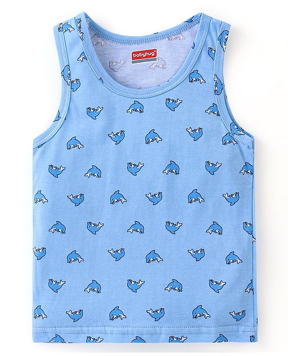 Babyhug 100% Cotton Knit Sleeveless Striped Sandos Whales Print Pack of 3 - Multicolour