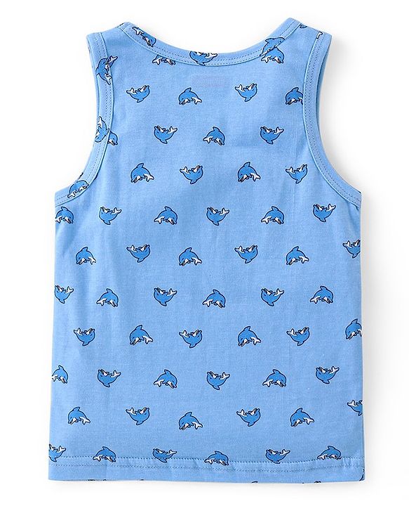 Babyhug 100% Cotton Knit Sleeveless Striped Sandos Whales Print Pack of 3 - Multicolour