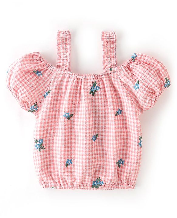 Babyhug Seer Sucker Cold Shoulder Yarn Dyed Woven Checks Top with Frill & Floral Embroidery - Orange