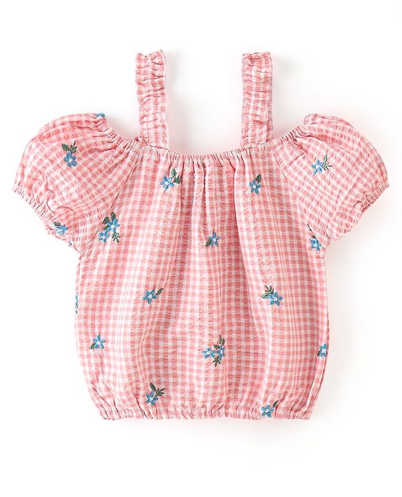 Babyhug Seer Sucker Cold Shoulder Yarn Dyed Woven Checks Top with Frill & Floral Embroidery - Orange