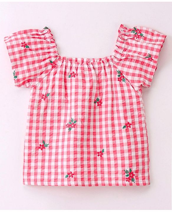 Babyhug Cotton Yarn Dyed Woven Half Sleeves Checks Top With Frill & Embroidery Detailing- Peach & White