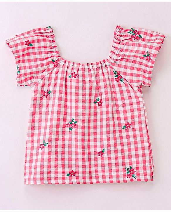 Babyhug Cotton Yarn Dyed Woven Half Sleeves Checks Top With Frill & Embroidery Detailing- Peach & White