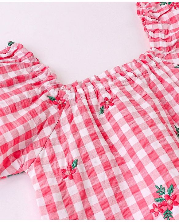 Babyhug Cotton Yarn Dyed Woven Half Sleeves Checks Top With Frill & Embroidery Detailing- Peach & White