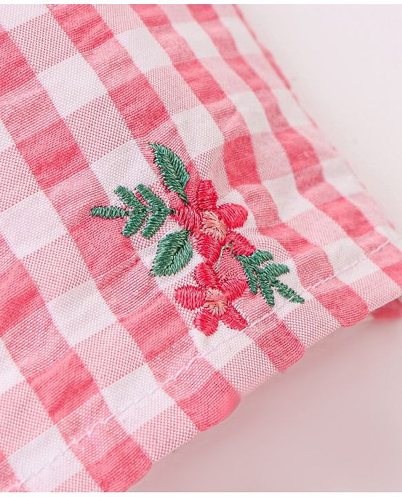 Babyhug Cotton Yarn Dyed Woven Half Sleeves Checks Top With Frill & Embroidery Detailing- Peach & White