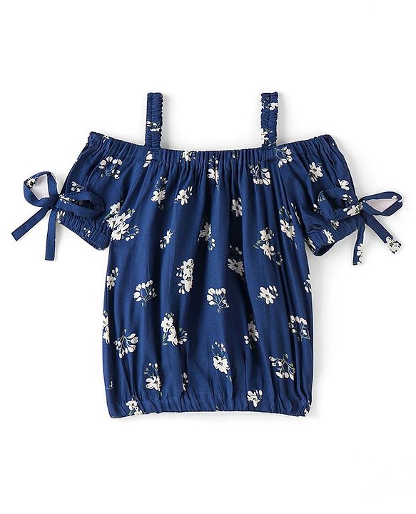 Babyhug Rayon Cold Shoulder Top With Bow Detailing & Floral Print - Navy Blue