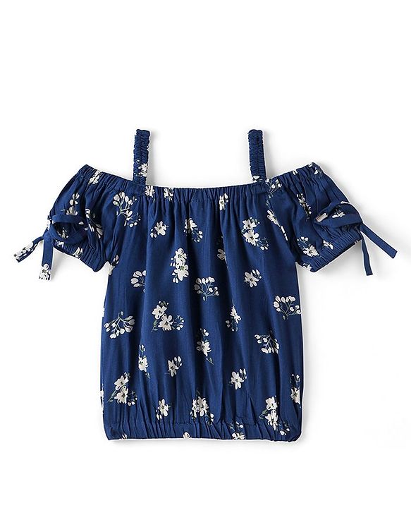 Babyhug Rayon Cold Shoulder Top With Bow Detailing & Floral Print - Navy Blue