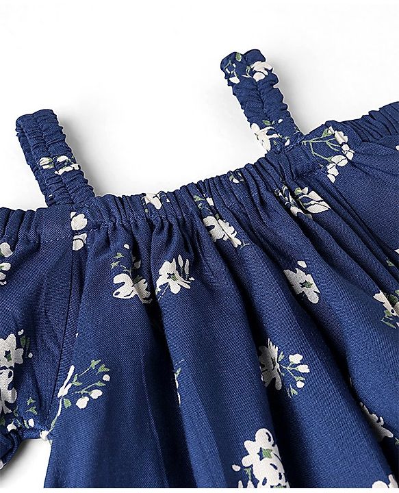 Babyhug Rayon Cold Shoulder Top With Bow Detailing & Floral Print - Navy Blue